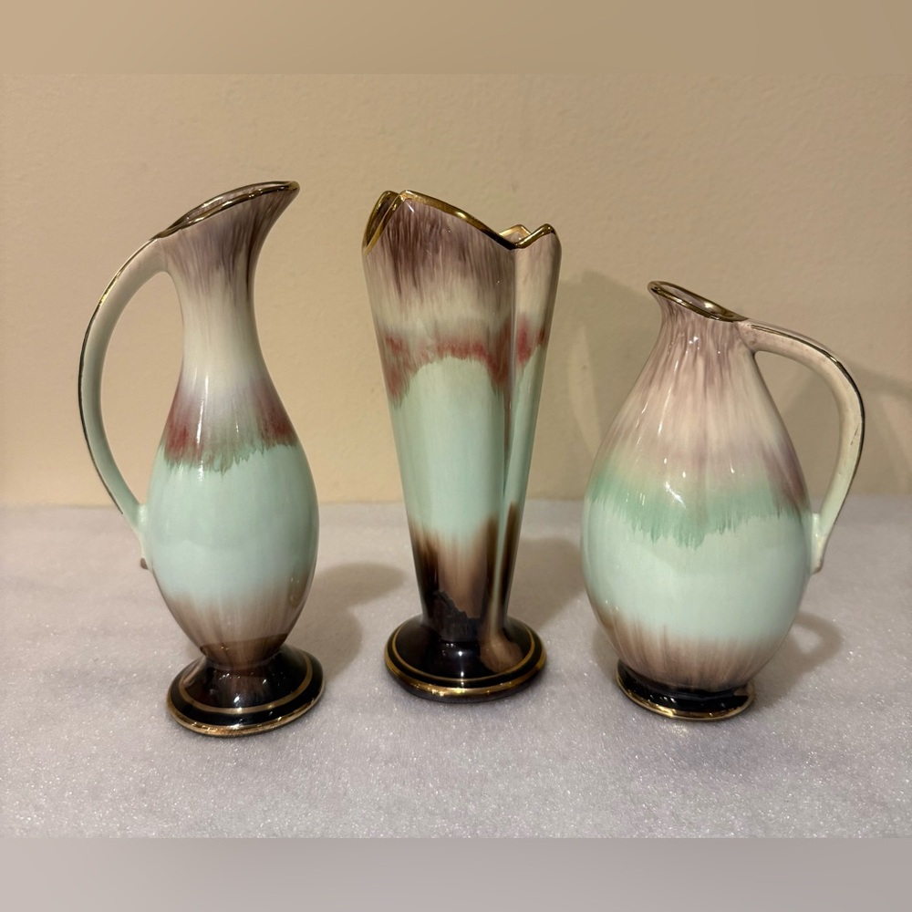 Vintage Brown & Celadon Drip Pottery Ceramic Vase Jug Set West Germany